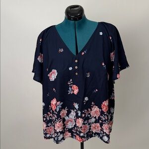 SHEIN Navy Blouse with Pink Floral Design